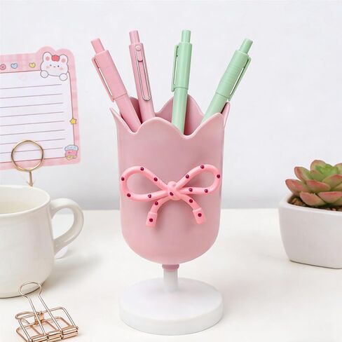 Tulip Pen Holder for Desk Cute Plastic Pencil Organizer Makeup Brush Cup Holders with Adhesive Bow, Teachers Gifts Back To School Office Accessories (Pink) in Saudi Arabia