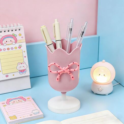 Tulip Pen Holder for Desk Cute Plastic Pencil Organizer Makeup Brush Cup Holders with Adhesive Bow, Teachers Gifts Back To School Office Accessories (Pink) in Saudi Arabia