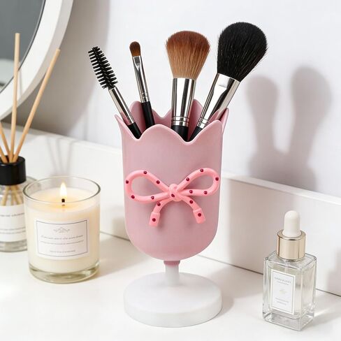Tulip Pen Holder for Desk Cute Plastic Pencil Organizer Makeup Brush Cup Holders with Adhesive Bow, Teachers Gifts Back To School Office Accessories (Pink) in Saudi Arabia
