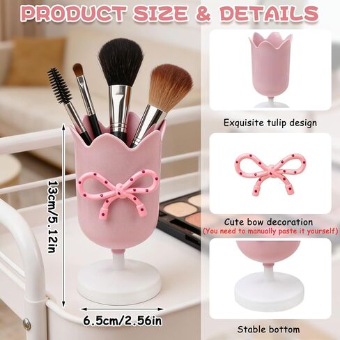 Tulip Pen Holder for Desk Cute Plastic Pencil Organizer Makeup Brush Cup Holders with Adhesive Bow, Teachers Gifts Back To School Office Accessories (Pink) in Saudi Arabia