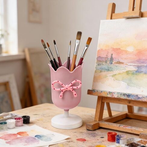 Tulip Pen Holder for Desk Cute Plastic Pencil Organizer Makeup Brush Cup Holders with Adhesive Bow, Teachers Gifts Back To School Office Accessories (Pink) in Saudi Arabia