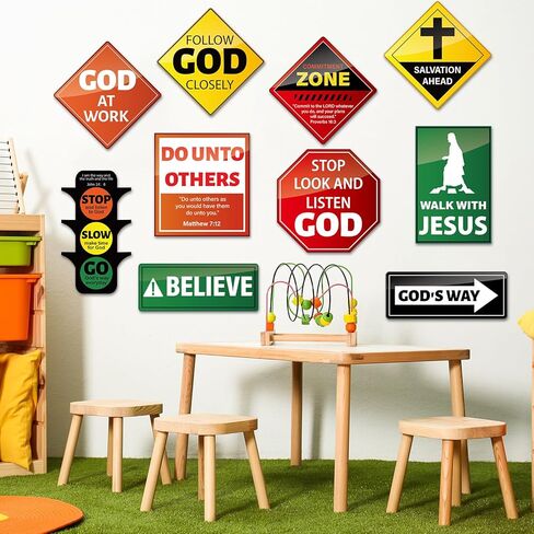 20 PCS Christian Road Signs VBS Decorations Religious Bulletin Board Set Christian Construction Sign Paper Cutouts Jesus Bible Verse Wall Decor for Sunday School Classroom Church in Saudi Arabia
