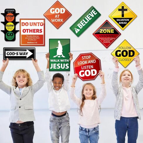20 PCS Christian Road Signs VBS Decorations Religious Bulletin Board Set Christian Construction Sign Paper Cutouts Jesus Bible Verse Wall Decor for Sunday School Classroom Church in Saudi Arabia