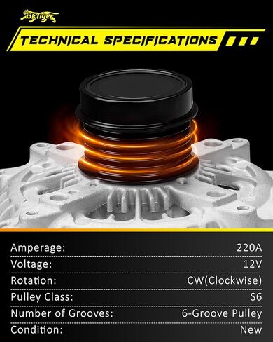 Oktiger Upgraded Alternator for Ram Promaster 1500 Promaster 2500 Promaster 3500 2014-2021 3.6L V6 Flex, V6 12V 220Amp Clockwise 6-Groove Decoupler Pulley, Replacement Alternators, OE 4727756AA 11793N | Precision CNC castings + die-cast aluminum housing,  in Kuwait