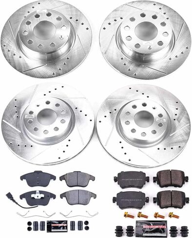 طقم فرامل أمامية وخلفية PowerStop لسيارة Volkswagen Passat 2015-20 - دوارات قرصية مثقوبة ومشقوقة مع استبدال وسادات الفرامل المصنوعة من السيراميك من ألياف الكربون، K7501 in Kuwait