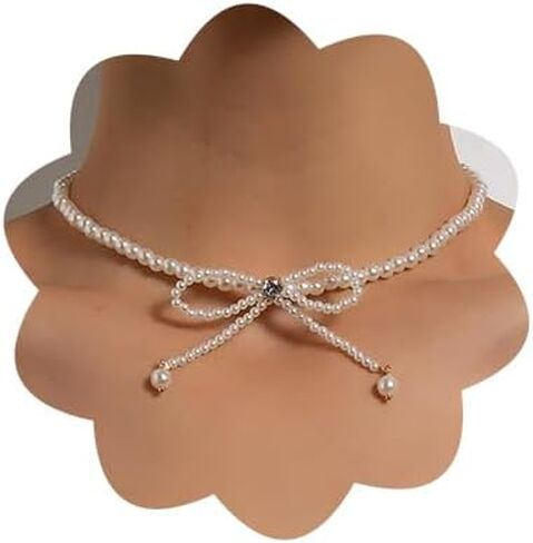 Dainty Pearl Rhinestone Necklace Bow Pearl Chain Choker Necklace White Pearl Beaded Necklace Prom Party Bar Accessories for Women in Saudi Arabia