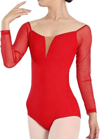 Womens V-Neck Ballet Dance Leotard with Nude Mesh – Elegant Gymnastics Leotards for Women in Saudi Arabia