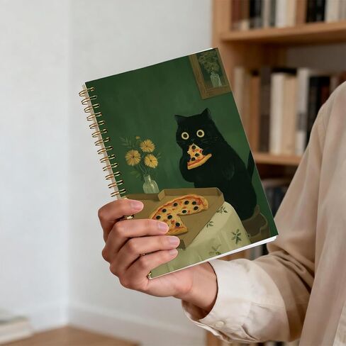 FUHYGU دفتر ملاحظات مضحك للقطط مقاس 5.5 × 8.3 بوصة، غطاء بيتزا لطيف على شكل قطة سوداء، مجلة حيوانات Kawaii، دفتر ملاحظات مبطن حلزوني للأطفال ومحبي القطط in Kuwait