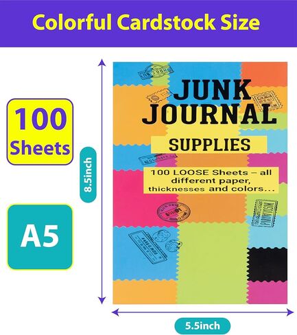 Junk Journal Loose Leaf Paper, 100 Unique Sheets 200 Pages, 8.5" x 5.5" Half Letter A5 Vintage Scrapbook Papers, Mixed Color Collage Cardstock (110/130/180 GSM) for Junk Journaling, Art Journal & DIY Crafts in Saudi Arabia