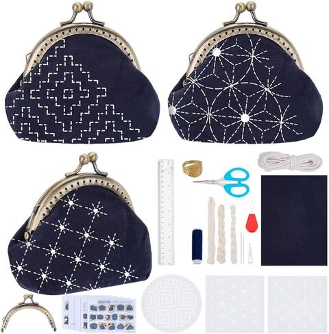 FREEBLOSS 3 Set Sashiko Bag Kit Sashiko Embroidery Kit for Beginners DIY Bag Embroidery Kits Includes Sewing Thread, Needles, Fabric, Thimble Hand Sewing Kits with PET Template in Kuwait