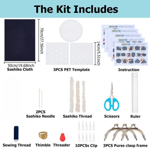 FREEBLOSS 3 Set Sashiko Bag Kit Sashiko Embroidery Kit for Beginners DIY Bag Embroidery Kits Includes Sewing Thread, Needles, Fabric, Thimble Hand Sewing Kits with PET Template in Kuwait
