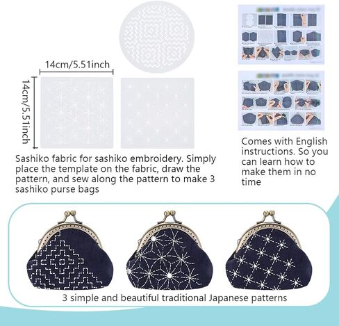 FREEBLOSS 3 Set Sashiko Bag Kit Sashiko Embroidery Kit for Beginners DIY Bag Embroidery Kits Includes Sewing Thread, Needles, Fabric, Thimble Hand Sewing Kits with PET Template in Kuwait