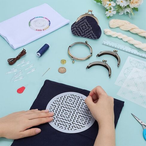 FREEBLOSS 3 Set Sashiko Bag Kit Sashiko Embroidery Kit for Beginners DIY Bag Embroidery Kits Includes Sewing Thread, Needles, Fabric, Thimble Hand Sewing Kits with PET Template in Kuwait