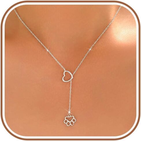 LOVECOM 925 Sterling Silver Lariat Big Cat Dog Puppy Pet Paw Print Necklaces for Women 14k Gold Plated Heart Y Choker Necklace Cute Animal Paw Adjustable Drop Long Chain Necklace Jewelry Gifts in Saudi Arabia