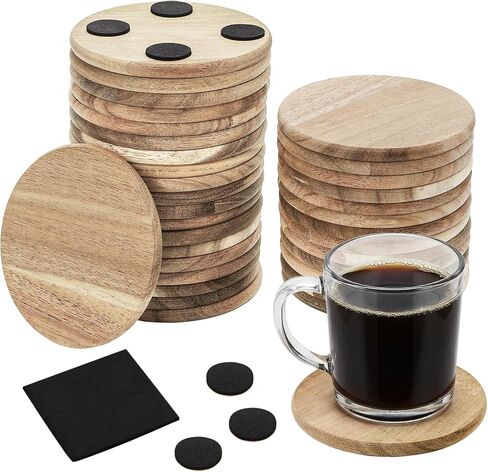 ZEAYEA 36 Pack Acacia Wood Coasters, 3.7 Inch Round Unfinished Wood Cup Coasters for Drink with Non-Slip Dots, Blank Wooden Slices for Crafts, Painting, Writing, Staining, Engraving, Home Decoration in Kuwait