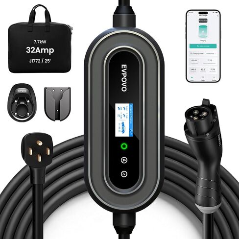 Portable EV Charger Level 2 32 Amp - J1772 Electric Car Charging Station 240V, ETL Listed, NEMA 14-50 Plug NEMA Type 4 IP66 Waterproof, 25ft Cable, App WiFi, Travel Electric Car Charger in Kuwait