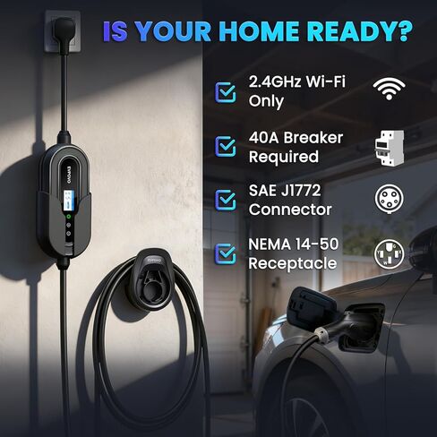 Portable EV Charger Level 2 32 Amp - J1772 Electric Car Charging Station 240V, ETL Listed, NEMA 14-50 Plug NEMA Type 4 IP66 Waterproof, 25ft Cable, App WiFi, Travel Electric Car Charger in Kuwait