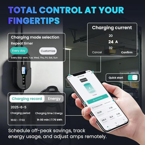 Portable EV Charger Level 2 32 Amp - J1772 Electric Car Charging Station 240V, ETL Listed, NEMA 14-50 Plug NEMA Type 4 IP66 Waterproof, 25ft Cable, App WiFi, Travel Electric Car Charger in Kuwait