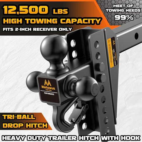 Adjustable Trailer Hitch - Drop Hitch 2-Inch Receiver - Tri Ball Mount with Hook (1-7/8'', 2'' & 2-5/16''), 8'' Drop/Rise Tow Hitch, 12,500 LBS GTW, 3 Ball Hitches for Trucks, RV, Camper etc in Saudi Arabia