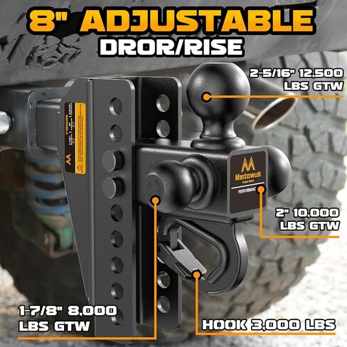 Adjustable Trailer Hitch - Drop Hitch 2-Inch Receiver - Tri Ball Mount with Hook (1-7/8'', 2'' & 2-5/16''), 8'' Drop/Rise Tow Hitch, 12,500 LBS GTW, 3 Ball Hitches for Trucks, RV, Camper etc in Saudi Arabia