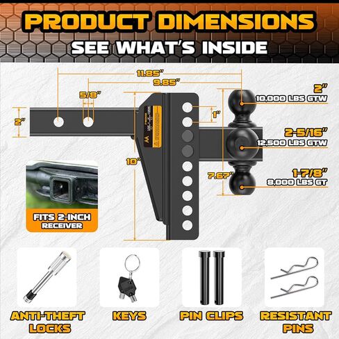 Adjustable Trailer Hitch - Drop Hitch 2-Inch Receiver - Tri Ball Mount with Hook (1-7/8'', 2'' & 2-5/16''), 8'' Drop/Rise Tow Hitch, 12,500 LBS GTW, 3 Ball Hitches for Trucks, RV, Camper etc in Saudi Arabia