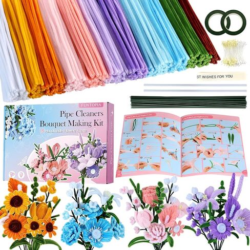 Pipe Cleaner Flower Kit, 540Pcs Pipe Cleaners Craft with 15 Designs Guiding Book, Flower Making Kit with Chenille Stems & Floral Wires, DIY Bouquets and Party Decorations (Multicolor, 12in x 7mm) in Kuwait