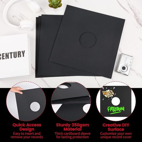 12 Pack 12 Inch Vinyl Record Sleeves Premium Black Album Covers Heavy Duty 350gsm LP Record Jackets with Center Hole Anti Static Storage Protectors for Vinyl Albums in Saudi Arabia