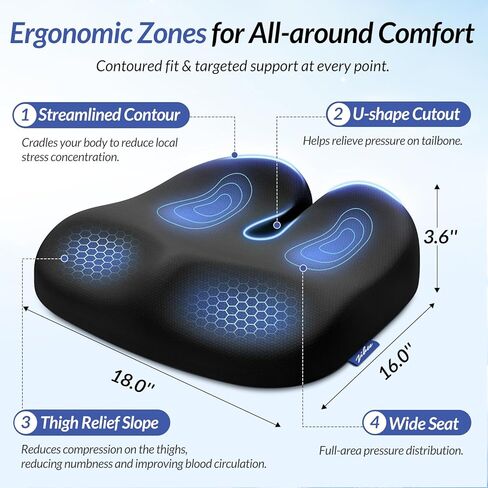 ZIKEE Ergonomic Seat Cushion with Thigh Slope for Long Sitting, Memory Foam Office Chair Cushion for Car, Home, U-Shaped Design Relieves Hip, Tailbone Pain, Non-Slip Sciatica Pain Relief Pillow in Saudi Arabia