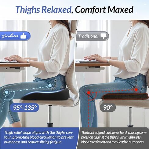 ZIKEE Ergonomic Seat Cushion with Thigh Slope for Long Sitting, Memory Foam Office Chair Cushion for Car, Home, U-Shaped Design Relieves Hip, Tailbone Pain, Non-Slip Sciatica Pain Relief Pillow in Saudi Arabia