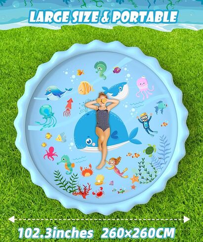 EPN Splash Pad, Extra Large Sprinkler Play Mat Fun for Kids, Thicker Summer Outdoor Water Toys Toddler Pool for 3-12 Years Old Children Boys & Girls (102.3") in Saudi Arabia