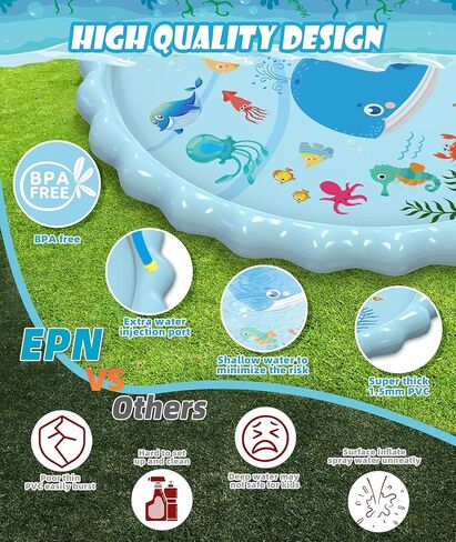 EPN Splash Pad, Extra Large Sprinkler Play Mat Fun for Kids, Thicker Summer Outdoor Water Toys Toddler Pool for 3-12 Years Old Children Boys & Girls (102.3") in Saudi Arabia