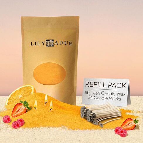 Sand Candle Refill Kit - 1Lb/16Oz Citrus Scented Aroma Beads, Orange Pearled Candles Sand and Wicks (24) Without Holder, Decorative Reusable Powder Pearls Bulk Wax Pearls for Refillable Set in Saudi Arabia