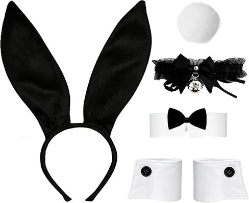 Rabbit Ear Headband,Bunny Costumes Set for Women,Pom-Pom Tail,Bow Tie,Bell Lace Neckline Knot Kit in Saudi Arabia