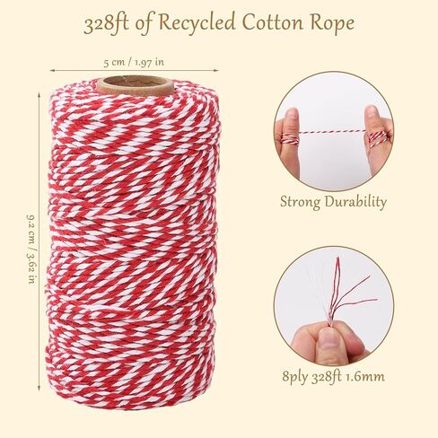 Cotton Twine 1.6mm * 328 Feet Long White and Red - Cord for Gifts Wrapping, Knitting Crafts, Holiday Decorations, Card Hanging and Kitchen in Kuwait