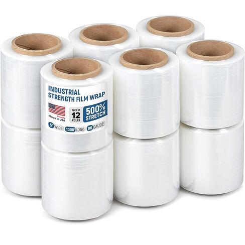 5" x 1000' Industrial Strength Stretch Wrap, Ready to Use Pack of 12 Mini Rolls, Clear Plastic Film, 80 Gauge Thick, 500% Elongation – Heavy-Duty Shrink Wrap for Moving, Packing in Kuwait