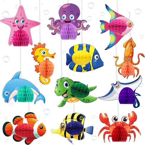 12 Pcs Ocean Themed Party Hanging Tissue Decorations Sea Animal Hanging Tissue Honeycomb Centerpieces Decor Fish Sea Turtle Crab Dolphin Octopus for Ocean Tropical Themed Party Baby Shower Supplies in Saudi Arabia