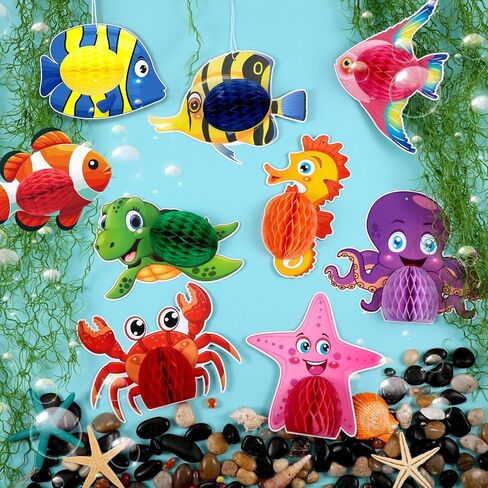 12 Pcs Ocean Themed Party Hanging Tissue Decorations Sea Animal Hanging Tissue Honeycomb Centerpieces Decor Fish Sea Turtle Crab Dolphin Octopus for Ocean Tropical Themed Party Baby Shower Supplies in Saudi Arabia