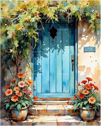 Floral Doorway Paint by Numbers Kit for Adults - DIY Flowers and Blue Door Painting on Canvas 16x20 Inches, Acrylic Paint Set, Suitable for Beginners, Elegant Art for Home Decoration or Gifts. in Saudi Arabia