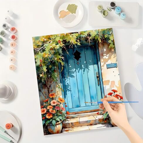 Floral Doorway Paint by Numbers Kit for Adults - DIY Flowers and Blue Door Painting on Canvas 16x20 Inches, Acrylic Paint Set, Suitable for Beginners, Elegant Art for Home Decoration or Gifts. in Saudi Arabia