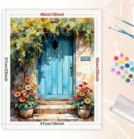 Floral Doorway Paint by Numbers Kit for Adults - DIY Flowers and Blue Door Painting on Canvas 16x20 Inches, Acrylic Paint Set, Suitable for Beginners, Elegant Art for Home Decoration or Gifts. in Saudi Arabia