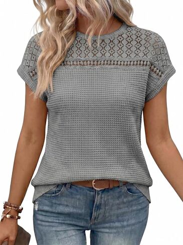Dokotoo Women's Tops Casual Scoop Neck Short Sleeve Waffle Knit Hollow Out Shirts Loose Tunic Tops Blouses in Saudi Arabia