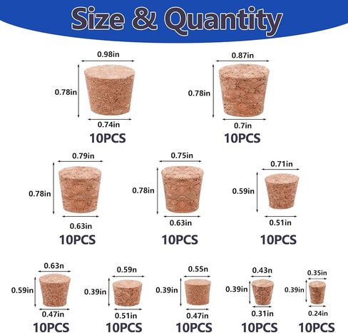 100Pack 10 Sizes Cork Stoppers,Small Corks Plugs For Bottles, Replacement Tapered Wooden Wine Stoppers for Apothecary Jar Small Bottle DIY in Saudi Arabia