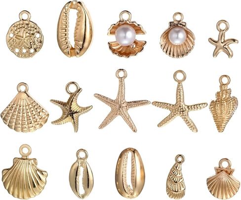 32Pcs Gold Beach Charms, Shell Gold Charms, Summer Alloy Starfish Seashells Conches Ocean Theme Pendants for Jewelry Making, DIY Necklace Bracelet Earrings Crafting in Saudi Arabia