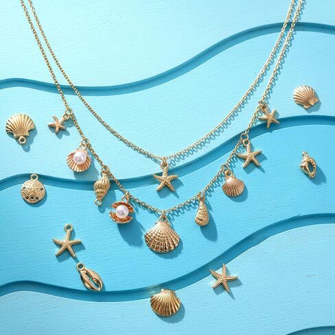 32Pcs Gold Beach Charms, Shell Gold Charms, Summer Alloy Starfish Seashells Conches Ocean Theme Pendants for Jewelry Making, DIY Necklace Bracelet Earrings Crafting in Saudi Arabia