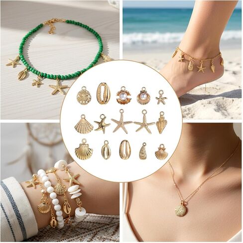 32Pcs Gold Beach Charms, Shell Gold Charms, Summer Alloy Starfish Seashells Conches Ocean Theme Pendants for Jewelry Making, DIY Necklace Bracelet Earrings Crafting in Saudi Arabia