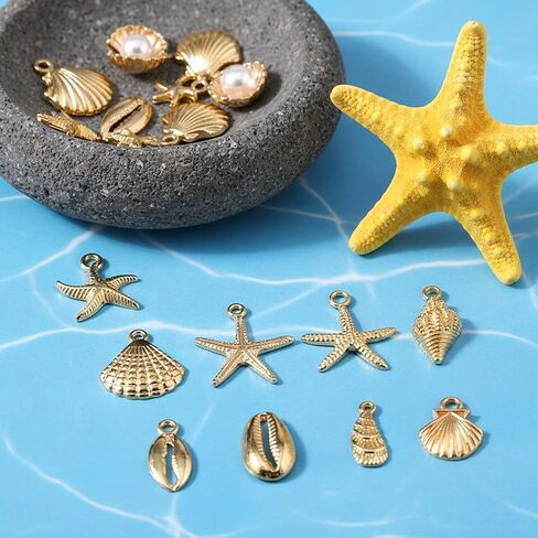 32Pcs Gold Beach Charms, Shell Gold Charms, Summer Alloy Starfish Seashells Conches Ocean Theme Pendants for Jewelry Making, DIY Necklace Bracelet Earrings Crafting in Saudi Arabia
