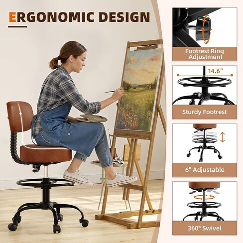 Drafting Chair with Back, Adjustable Foot Rest Rolling Stool (1,Brown) in Kuwait