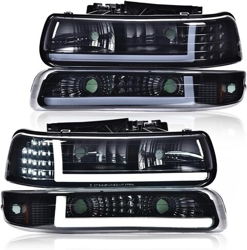 G-PLUS LED Headlights Assembly, Compatible with 1999-2002 Chevy Silverado,Fit 2000-2006 Chevy Tahoe/Suburban 1500 2500,Bumper Headlamps Smoky Lens Black Housing Amber Reflector Left & Right in Kuwait