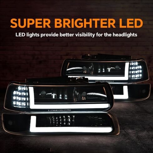 G-PLUS LED Headlights Assembly, Compatible with 1999-2002 Chevy Silverado,Fit 2000-2006 Chevy Tahoe/Suburban 1500 2500,Bumper Headlamps Smoky Lens Black Housing Amber Reflector Left & Right in Kuwait