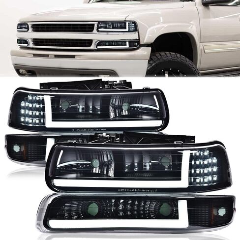 G-PLUS LED Headlights Assembly, Compatible with 1999-2002 Chevy Silverado,Fit 2000-2006 Chevy Tahoe/Suburban 1500 2500,Bumper Headlamps Smoky Lens Black Housing Amber Reflector Left & Right in Kuwait
